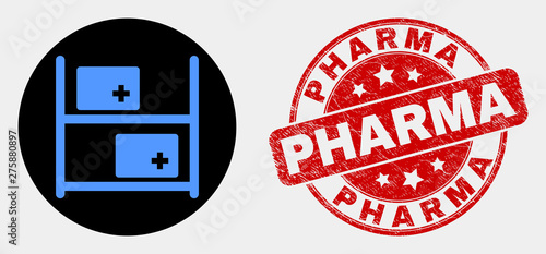 Rounded medical goods icon and Pharma seal. Red rounded grunge seal stamp with Pharma caption. Blue medical goods symbol on black circle. Vector composition for medical goods in flat style.