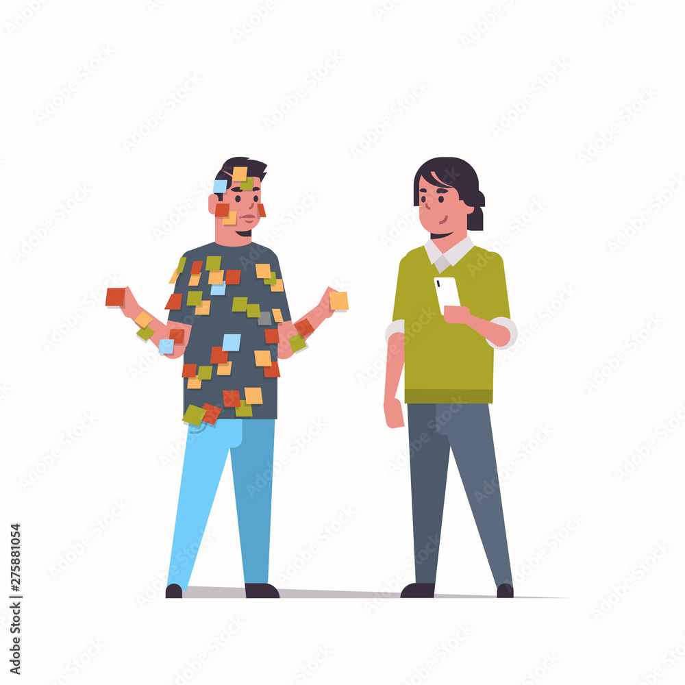 boss with male manager covered with stick notes business planning teamwork concept couple businessmen standing together flat full length boss with male manager covered with stick notes business planning teamwork concept couple businessmen standing together flat full length