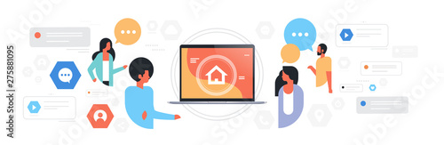 man woman chat bubble communication people using laptop screen with home page social media network concept speech conversation flat horizontal portrait