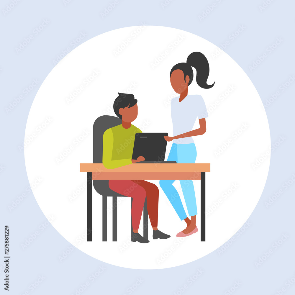couple businesspeople using laptop at workplace desk businessman with female assistant brainstorming working together teamwork concept flat full length