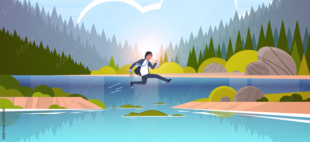 brave businesman jumping over river with crocodiles risk and danger optimism determination concept business man running to goal sunset landscape background full length flat horizontal