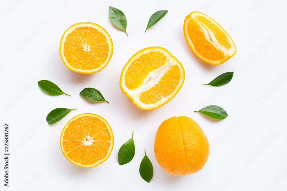 High vitamin C. Fresh orange citrus fruit with leaves isolated on white background. High vitamin C. Fresh orange citrus fruit with leaves isolated on white background.