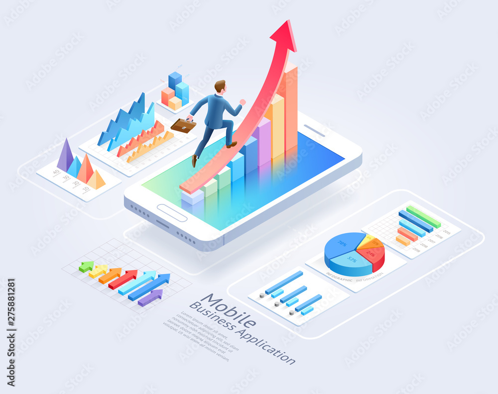 Mobile business applications website UI design. Businessman running on red arrow and infographic isometric elements. Graphic vector illustration. Mobile business applications website UI design. Businessman running on red arrow and infographic isometric elements. Graphic vector illustration.