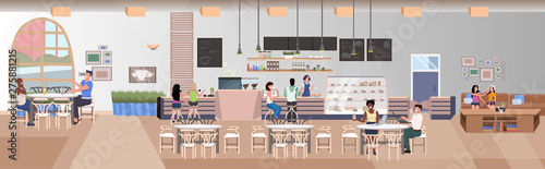 mix race people drinking beverages friends sitting at cafe tables visitors spending time together modern restaurant interior flat horizontal banner full length