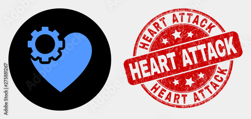 Rounded heart gear pictogram and Heart Attack stamp. Red rounded scratched stamp with Heart Attack text. Blue heart gear icon on black circle. Vector combination for heart gear in flat style.