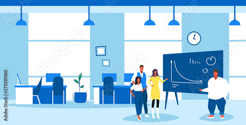 overweight man speaker presenting financial report on flip chart to businesspeople group training conference meeting presentation concept modern office interior sketch doodle full length horizontal