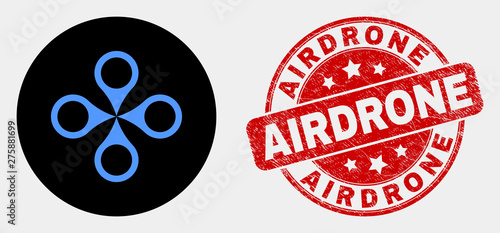 Rounded quadrocopter icon and Airdrone stamp. Red rounded distress seal stamp with Airdrone text. Blue quadrocopter icon on black circle. Vector composition for quadrocopter in flat style.