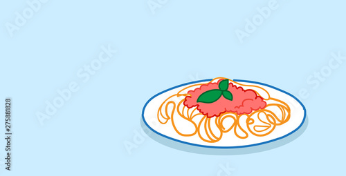 heaped plate of spaghetti pasta with basil and tomato sauce restaurant food menu concept sketch doodle horizontal vector illustration