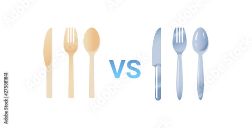 plastic vs stainless steel spoon fork and knife cutlery set zero waste concept flat white background