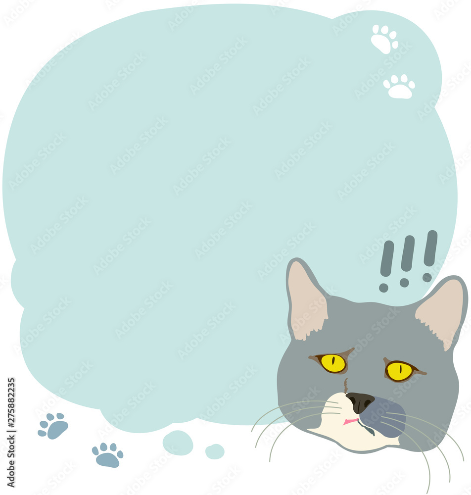 Vector illustration of cat reaching for yarn on white background. expression card with space for your own words
