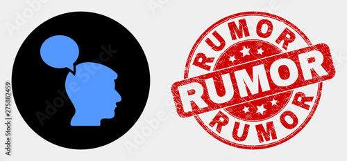 Rounded head thinking cloud icon and Rumor seal stamp. Red rounded scratched seal stamp with Rumor text. Blue head thinking cloud icon on black circle.
