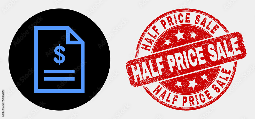 Rounded price page icon and Half Price Sale watermark. Red rounded scratched watermark with Half Price Sale text. Blue price page icon on black circle. Vector composition for price page in flat style. Rounded price page icon and Half Price Sale watermark. Red rounded scratched watermark with Half Price Sale text. Blue price page icon on black circle. Vector composition for price page in flat style.