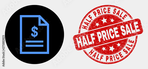 Rounded price page icon and Half Price Sale watermark. Red rounded scratched watermark with Half Price Sale text. Blue price page icon on black circle. Vector composition for price page in flat style.