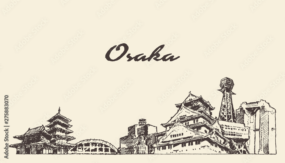 Naklejka premium Osaka panoramę Japonii ręcznie rysowane szkic wektor miasta