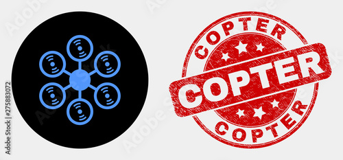 Rounded hexacopter icon and Copter watermark. Red rounded distress seal stamp with Copter caption. Blue hexacopter icon on black circle. Vector combination for hexacopter in flat style.