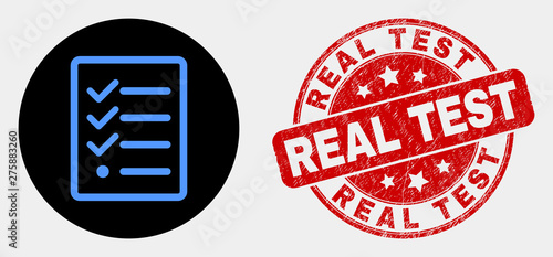 Rounded task list page icon and Real Test seal stamp. Red rounded scratched seal stamp with Real Test caption. Blue task list page symbol on black circle.