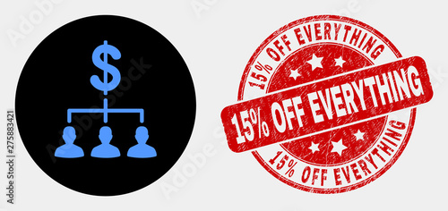 Rounded dollar clients structure icon and 15% Off Everything seal stamp. Red rounded textured seal stamp with 15% Off Everything text. Blue dollar clients structure symbol on black circle.