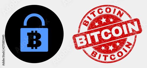 Rounded bitcoin lock pictogram and Bitcoin seal stamp. Red rounded scratched seal with Bitcoin text. Blue bitcoin lock symbol on black circle. Vector composition for bitcoin lock in flat style.