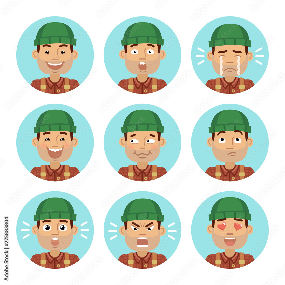 Set of lumberjack emoticons. Man avatars showing different emotions. Happy, smile, sad, cry, angry, love, surprised, upset, laugh and other facial expressions. Flat style vector illustration Set of lumberjack emoticons. Man avatars showing different emotions. Happy, smile, sad, cry, angry, love, surprised, upset, laugh and other facial expressions. Flat style vector illustration