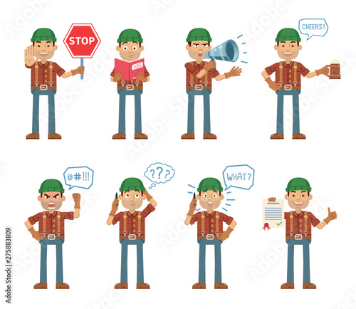 Set of lumberjack characters posing in different situations. Cheerful lumberjack talking on phone, surprised, thinking, angry, holding stop sign, loudspeaker, document. Flat vector illustration