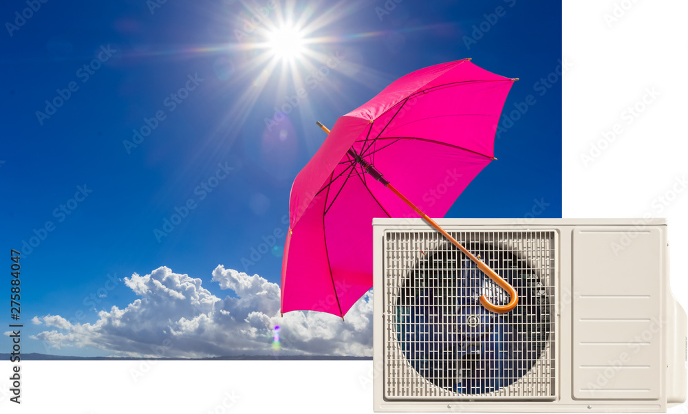 Concept canicule, climatiseur protégé du soleil par un parasol Stock Photo  | Adobe Stock