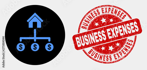 Rounded bank dollar links icon and Business Expenses seal stamp. Red round distress seal with Business Expenses caption. Blue bank dollar links icon on black circle.