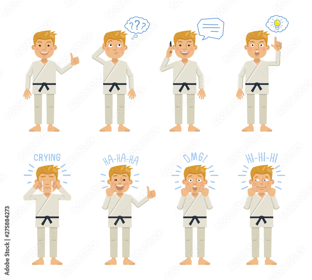 Set of karate characters posing in different situations. Cheerful martial artist talking on phone, thinking, pointing up, laughing, crying, surprised. Flat style vector illustration