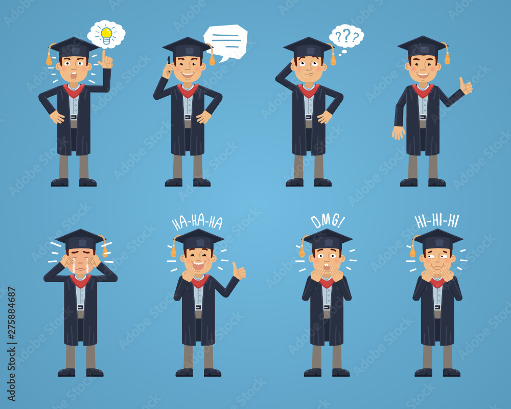 Set of graduate characters posing in different situations. Cheerful graduate talking on phone, thinking, pointing up, laughing, crying, surprised, showing thumb up gesture. Flat vector illustration