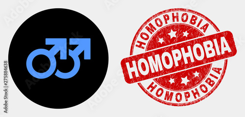 Rounded gay pair symbol icon and Homophobia seal stamp. Red rounded textured seal with Homophobia text. Blue gay pair symbol icon on black circle. Vector combination for gay pair symbol in flat style.