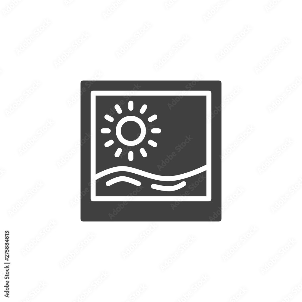 Summer vacation photography vector icon. filled flat sign for mobile concept and web design. Picture with sun and sea waves glyph icon. Travel symbol, logo illustration. Vector graphics Summer vacation photography vector icon. filled flat sign for mobile concept and web design. Picture with sun and sea waves glyph icon. Travel symbol, logo illustration. Vector graphics