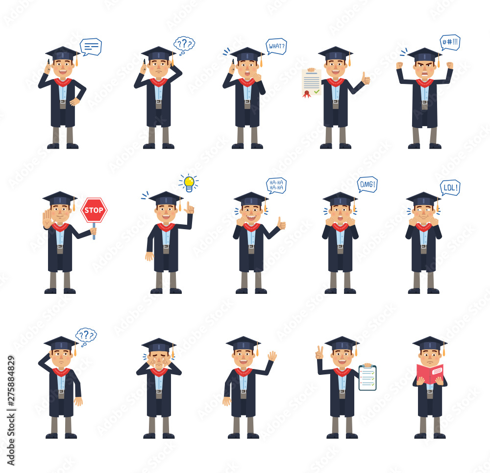 Big set of graduate student characters showing different actions, emotions, gestures. Cheerful graduate talking on phone, holding stop sign, book and doing other actions. Simple vector illustration Big set of graduate student characters showing different actions, emotions, gestures. Cheerful graduate talking on phone, holding stop sign, book and doing other actions. Simple vector illustration
