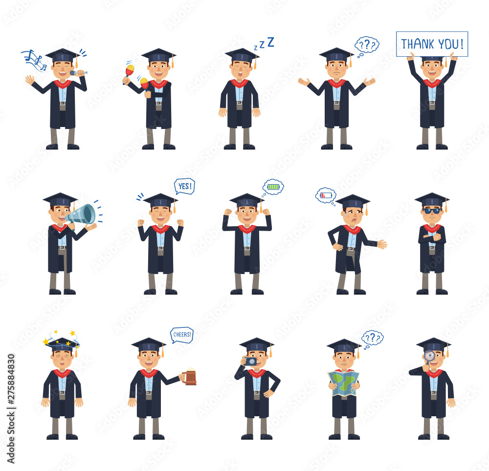 Big set of graduate student characters showing different actions, gestures, emotions. Cheerful graduate singing, sleeping, holding banner, map and doing other actions. Simple vector illustration