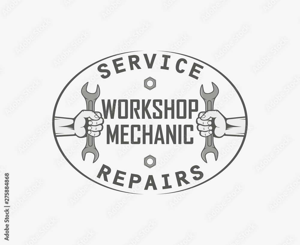 Illustration of service and repair. Hand with key and text. Advertising workshop.