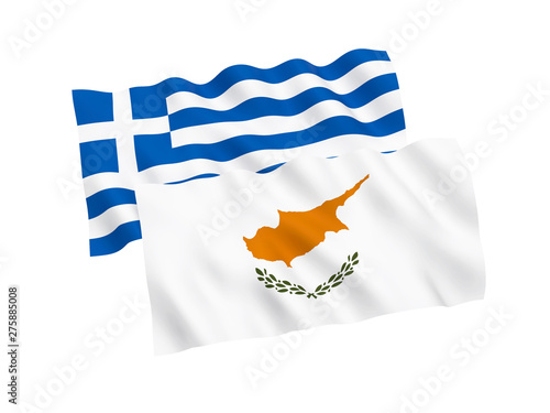 National fabric flags of Greece and Cyprus isolated on white background. 3d rendering illustration. 1 to 2 proportion.