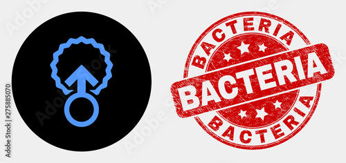 Rounded insemination icon and Bacteria stamp. Red rounded distress seal stamp with Bacteria text. Blue insemination icon on black circle. Vector composition for insemination in flat style.