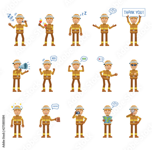 Big set of firefighter characters showing different actions, gestures, emotions. Cheerful fireman singing, sleeping, holding banner, loudspeaker and doing other actions. Simple vector illustration