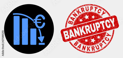Rounded euro crisis chart icon and Bankruptcy seal. Red rounded textured watermark with Bankruptcy caption. Blue euro crisis chart icon on black circle.