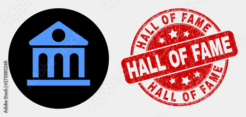 Rounded library building icon and Hall of Fame seal. Red rounded scratched watermark with Hall of Fame caption. Blue library building icon on black circle.