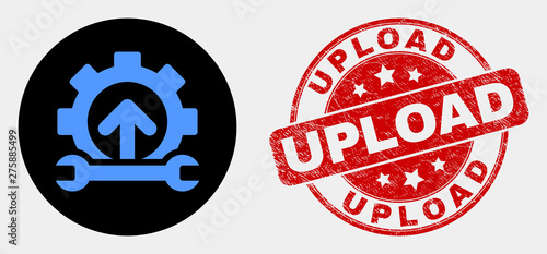 Rounded forward gear repair icon and Upload watermark. Red rounded distress watermark with Upload caption. Blue forward gear repair icon on black circle.
