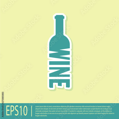 Green Bottle of wine icon isolated on yellow background. Lettering bottle of wine. Flat design. Vector Illustration