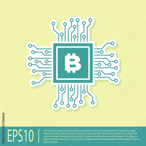 Green CPU mining farm icon isolated on yellow background. Bitcoin sign inside processor. Cryptocurrency mining community. Digital money. Flat design. Vector Illustration