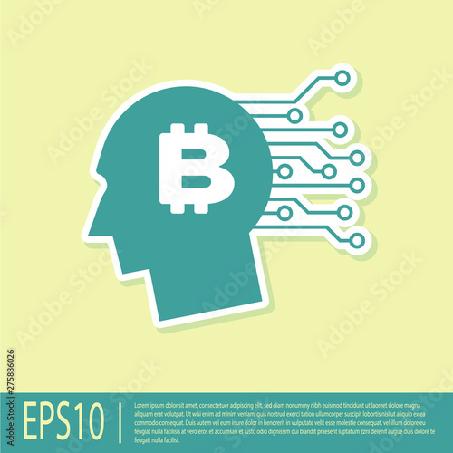 Green Bitcoin think icon isolated on yellow background. Cryptocurrency head. Blockchain technology, bitcoin, digital money market, cryptocoin wallet. Flat design. Vector Illustration