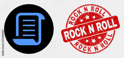 Rounded scroll list icon and Rock N Roll watermark. Red rounded textured watermark with Rock N Roll caption. Blue scroll list icon on black circle. Vector combination for scroll list in flat style.