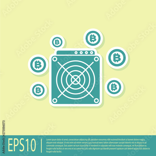 Green ASIC Miner icon isolated on yellow background. Cryptocurrency mining equipment and hardware. Application specific integrated circuit. Flat design. Vector Illustration