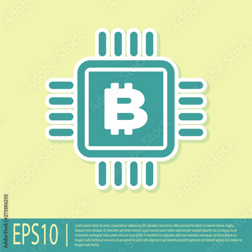 Green CPU mining farm icon isolated on yellow background. Bitcoin sign inside microchip. Cryptocurrency mining community. Digital money. Flat design. Vector Illustration