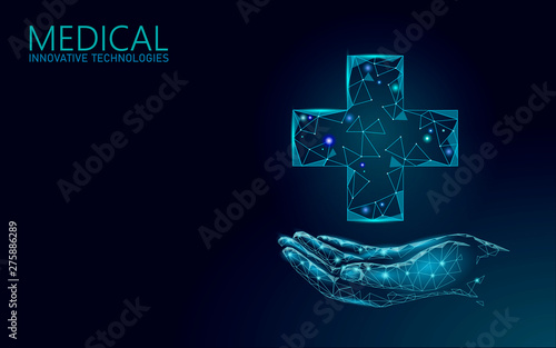 Medical cross symbol doctor online concept. Medical consultation app. Web healthcare diagnosis geometric modern hospital network banner. Calling pharmacy market background low poly