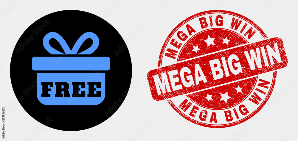 Rounded free gift icon and Mega Big Win seal stamp. Red rounded distress seal stamp with Mega Big Win caption. Blue free gift icon on black circle. Vector combination for free gift in flat style.