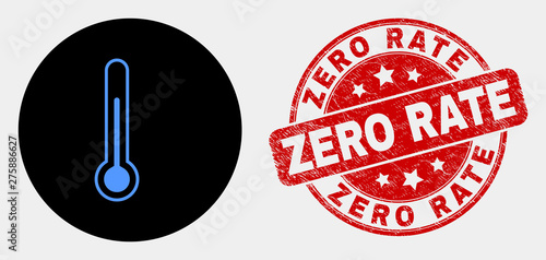 Rounded thermometer pictogram and Zero Rate seal stamp. Red rounded scratched seal stamp with Zero Rate text. Blue thermometer icon on black circle. Vector combination for thermometer in flat style.