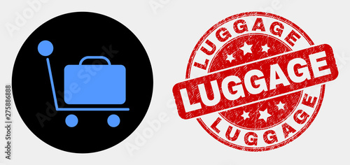 Rounded baggage cart icon and Luggage seal stamp. Red round scratched seal stamp with Luggage caption. Blue baggage cart icon on black circle. Vector combination for baggage cart in flat style.