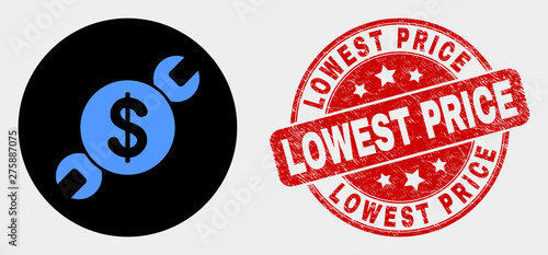Rounded wrench repair price icon and Lowest Price seal. Red rounded scratched seal stamp with Lowest Price caption. Blue wrench repair price icon on black circle.